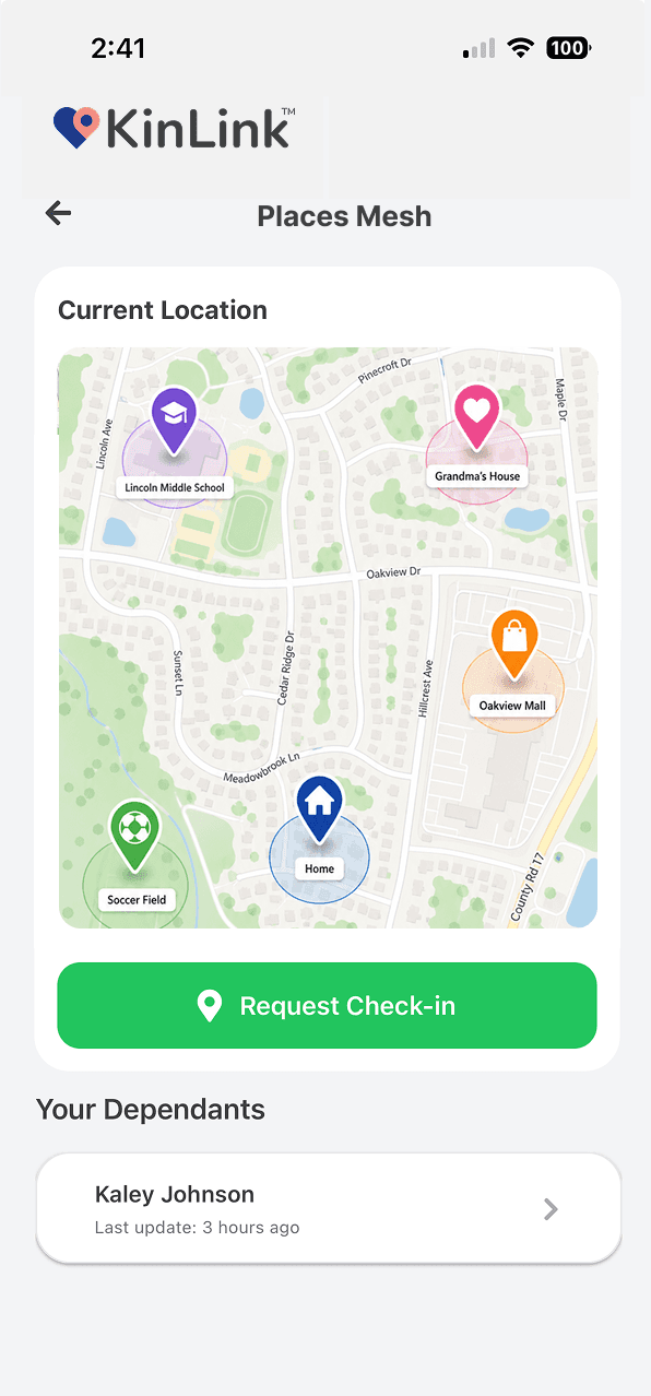 KinLink app showing the Places Mesh map with named family locations and a Request Check-in button