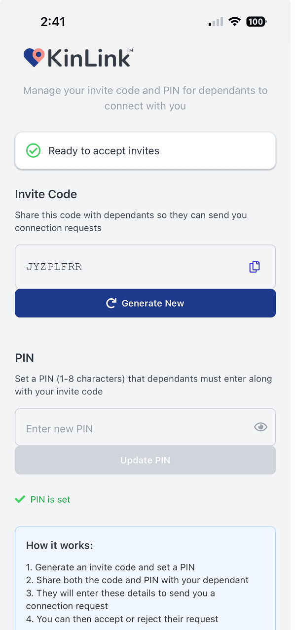 KinLink secure connection screen showing code and PIN pairing