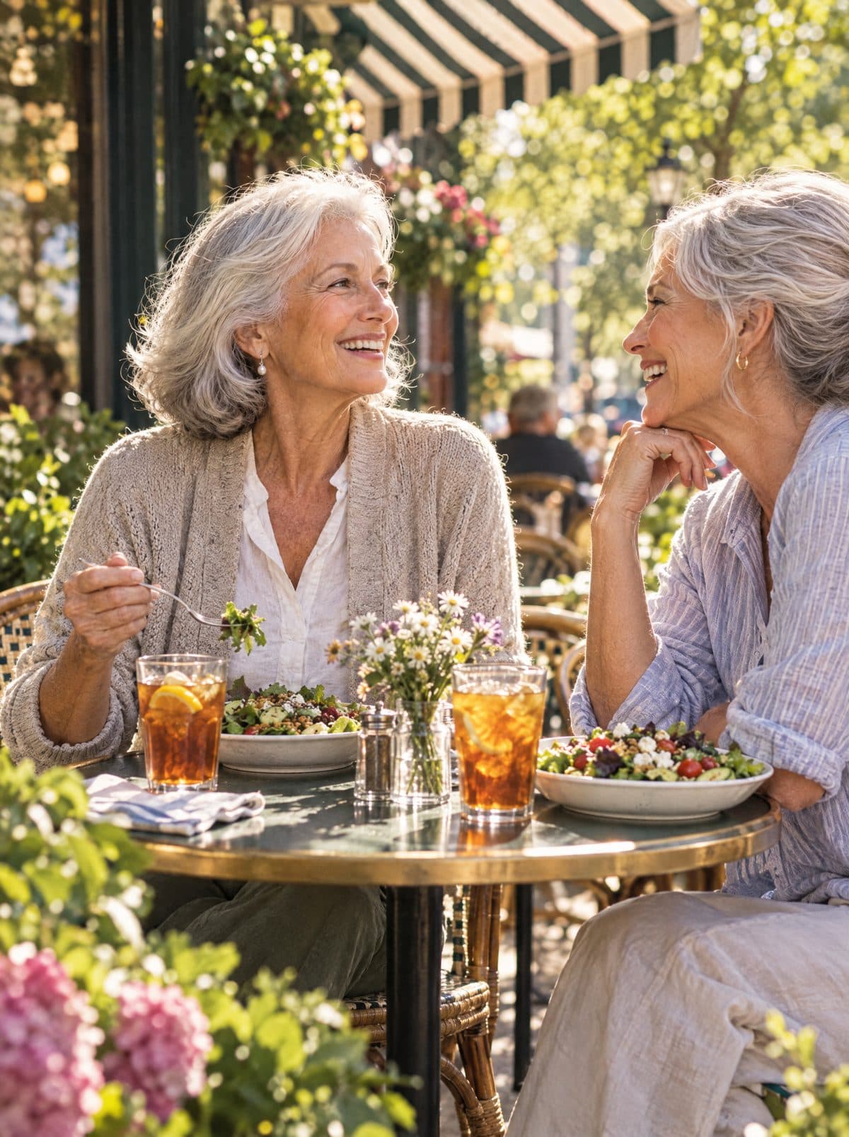 A woman in her seventies laughing with a friend over lunch at an outdoor café